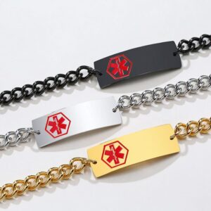 Three colors of stainless steel curved bar medical ID bracelets in black, silver, and gold with curb link chains and red emergency alert symbols.