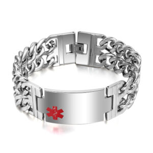 Silver stainless steel medical ID alert bracelet for men, custom engravable emergency identification jewelry with red star of life symbol.
