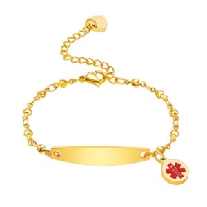 Gold stainless steel medical ID bracelet for women, cute heart link chain emergency alert bracelet with blank engravable bar.