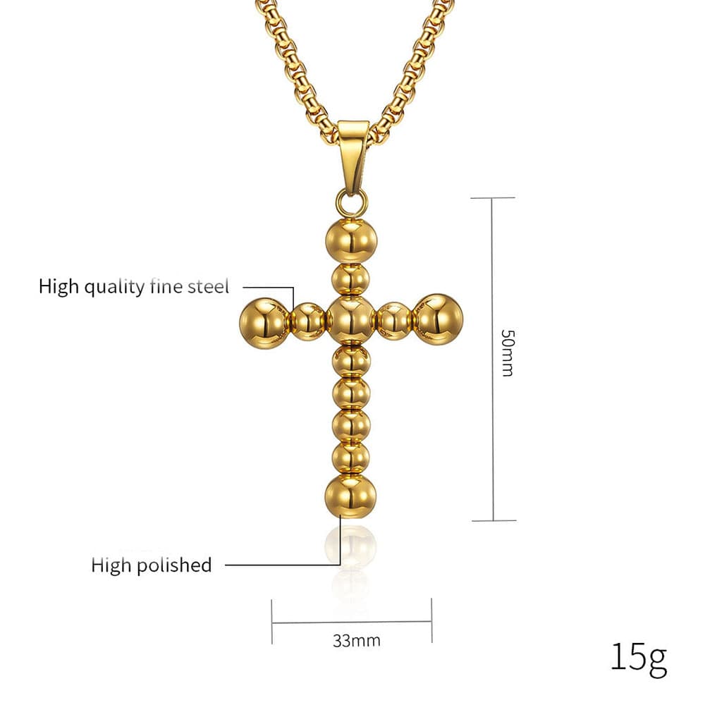 Gold beaded cross pendant necklace size dimensions chart, showing 50mm height, 33mm width, and 15g weight specs.