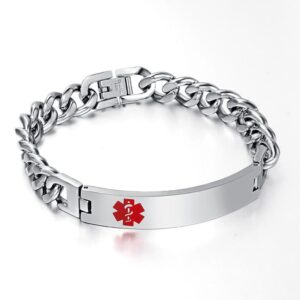 Men's silver stainless steel medical ID bracelet with heavy cuban curb chain, customizable engravable alert ID bar with red star of life symbol.