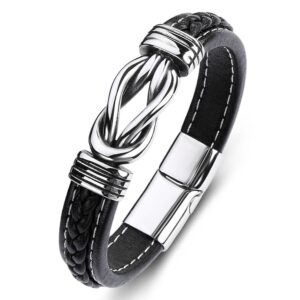 Classic black braided genuine leather bracelet with polished stainless steel sailor's knot, minimalist men's wristband.