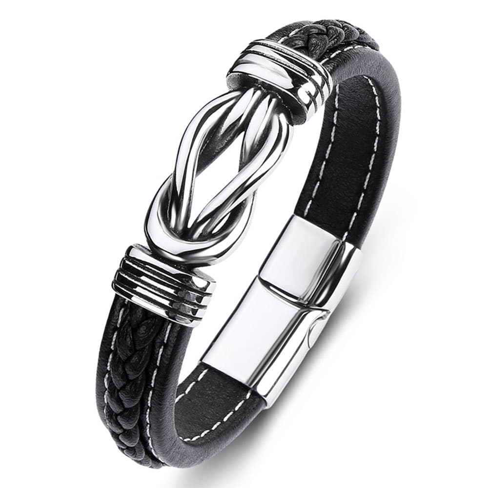 Classic black braided genuine leather bracelet with polished stainless steel sailor's knot, minimalist men's wristband.