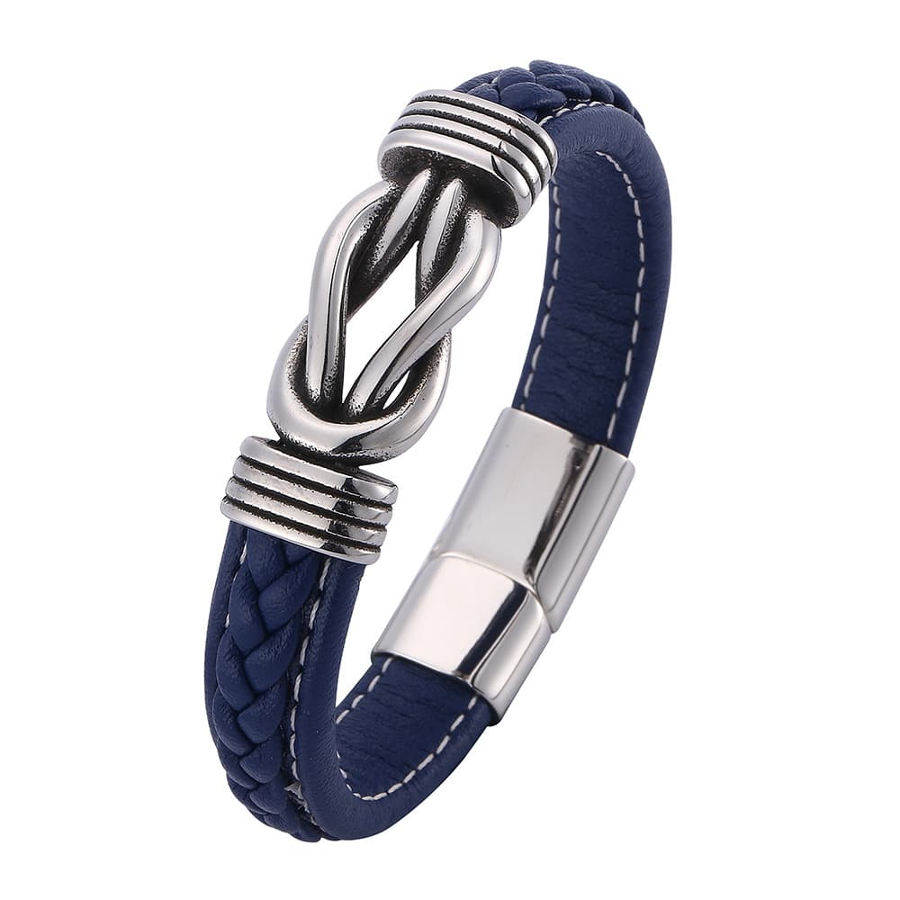 Navy blue braided genuine leather bracelet with stainless steel marine infinity knot accent for men's fashion.