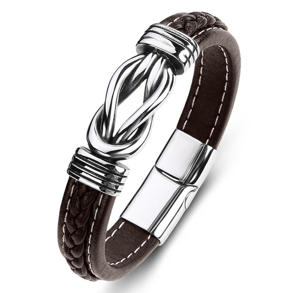 Vintage brown genuine braided leather bracelet with durable stainless steel sailor's knot statement piece.