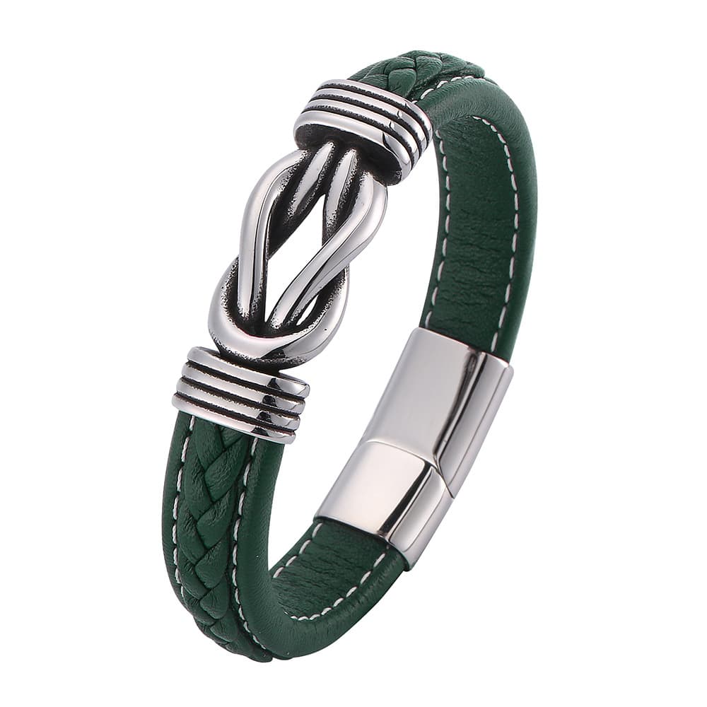 Green genuine leather bracelet for men featuring a stainless steel sailor's knot and magnetic clasp, nautical casual style.