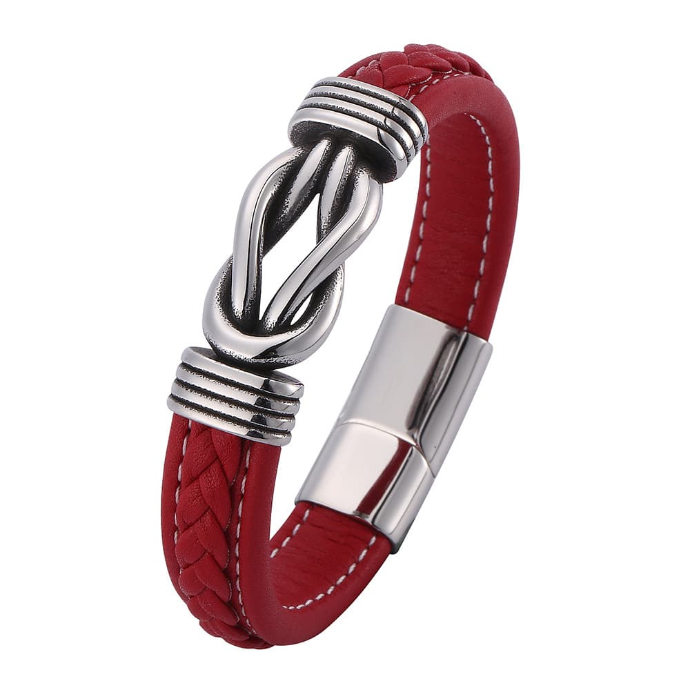Vibrant red genuine leather wrap bracelet with silver-tone stainless steel infinity sailor knot charm.