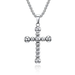Silver stainless steel beaded cross pendant necklace with box chain, high-polished christian cross charm jewelry for men and women.