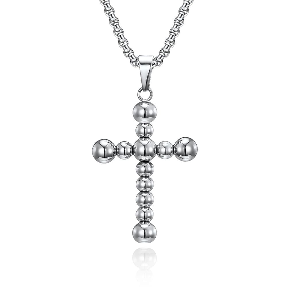 Silver stainless steel beaded cross pendant necklace with box chain, high-polished christian cross charm jewelry for men and women.