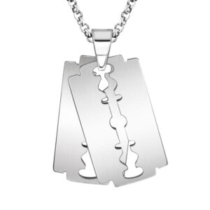 Silver stainless steel double razor blades pendant necklace for men, punk rock hip hop style jewelry charm on a box chain.