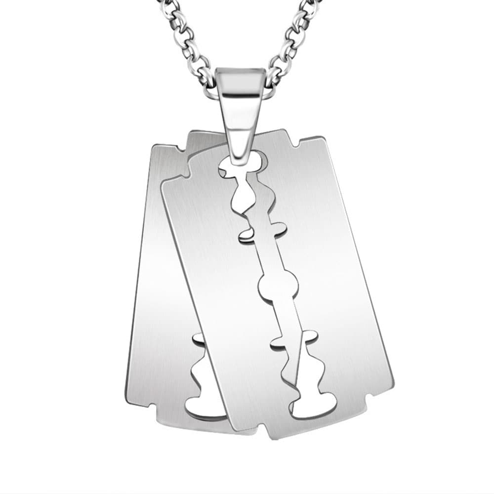 Silver stainless steel double razor blades pendant necklace for men, punk rock hip hop style jewelry charm on a box chain.