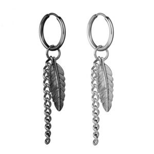 Stainless steel feather chain dangle hoop earrings for men and women, black and silver punk rock style streetwear jewelry.