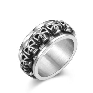 Vintage silver stainless steel skull spinner ring for men, gothic punk rock fidget anxiety ring with embossed skulls.