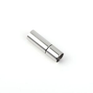 Silver stainless steel bayonet clasp cord end cap in closed position, minimalist cylindrical locking clasp for leather cord bracelet making.