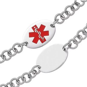 Silver stainless steel medical ID bracelet for women and men, custom engravable emergency alert bracelet with oval identification tag and red star of life symbol.