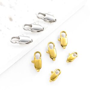 Silver and gold plated stainless steel rectangle lobster claw clasps scattered on a clean white surface, premium jewelry fasteners for jewelry making.