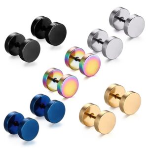 Pack of unisex stainless steel round barbell stud earrings in black, silver, gold, blue, and rainbow colors, punk style faux gauges.