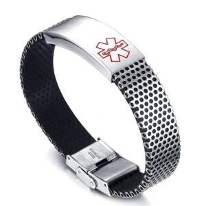 Black silicone and silver stainless steel medical ID bracelet for men, sport emergency alert bracelet with breathable mesh patterned band and red medical symbol.