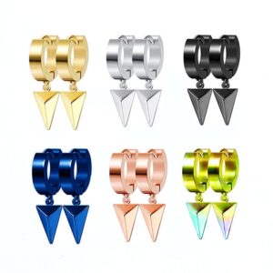 Set of unisex stainless steel triangle charm huggie hoop earrings in gold, silver, black, blue, rose gold, and rainbow colors, punk streetwear jewelry.