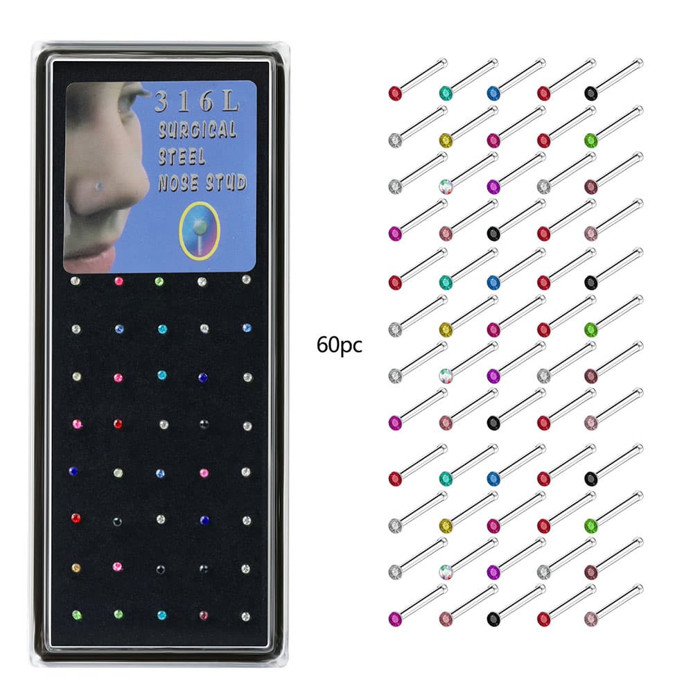 Product infographic showing the 60pcs count and detailed vector line icons of multi-colored straight bone nose piercing pins next to the boxed set.