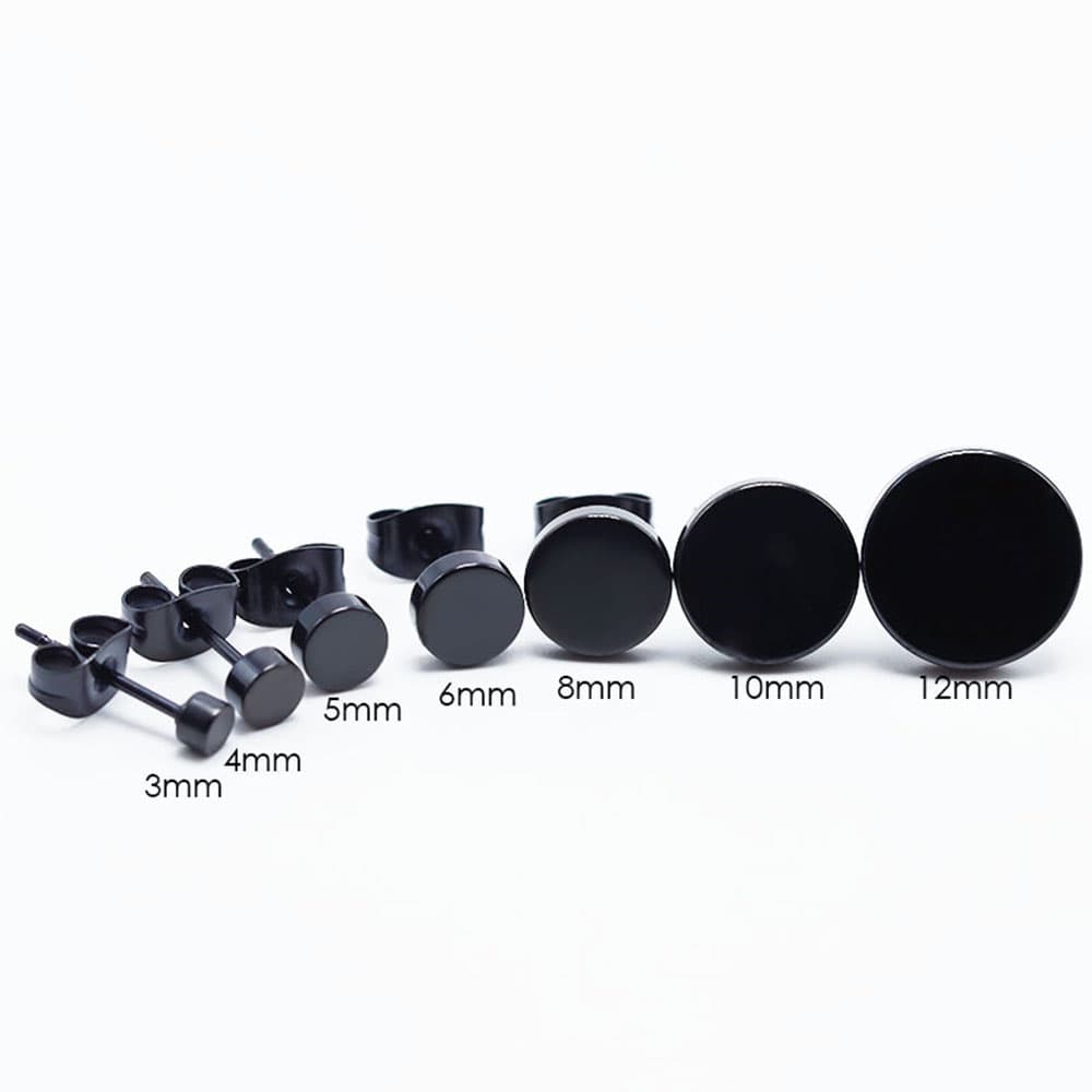 Size comparison view of black stainless steel round disc flat top stud earrings ranging from 3mm, 4mm, 5mm, 6mm, 8mm, 10mm, to 12mm diameters.