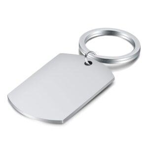Matte silver blank stainless steel military dog tag keychain with split ring, flat engravable metal stamping tag for personalized custom engraving.