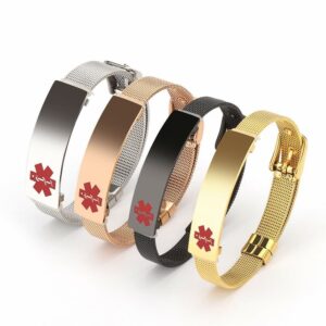 Four custom adjustable stainless steel mesh medical ID bracelets in silver, rose gold, black, and gold tones featuring engravable plates with red Star of Life emblems.