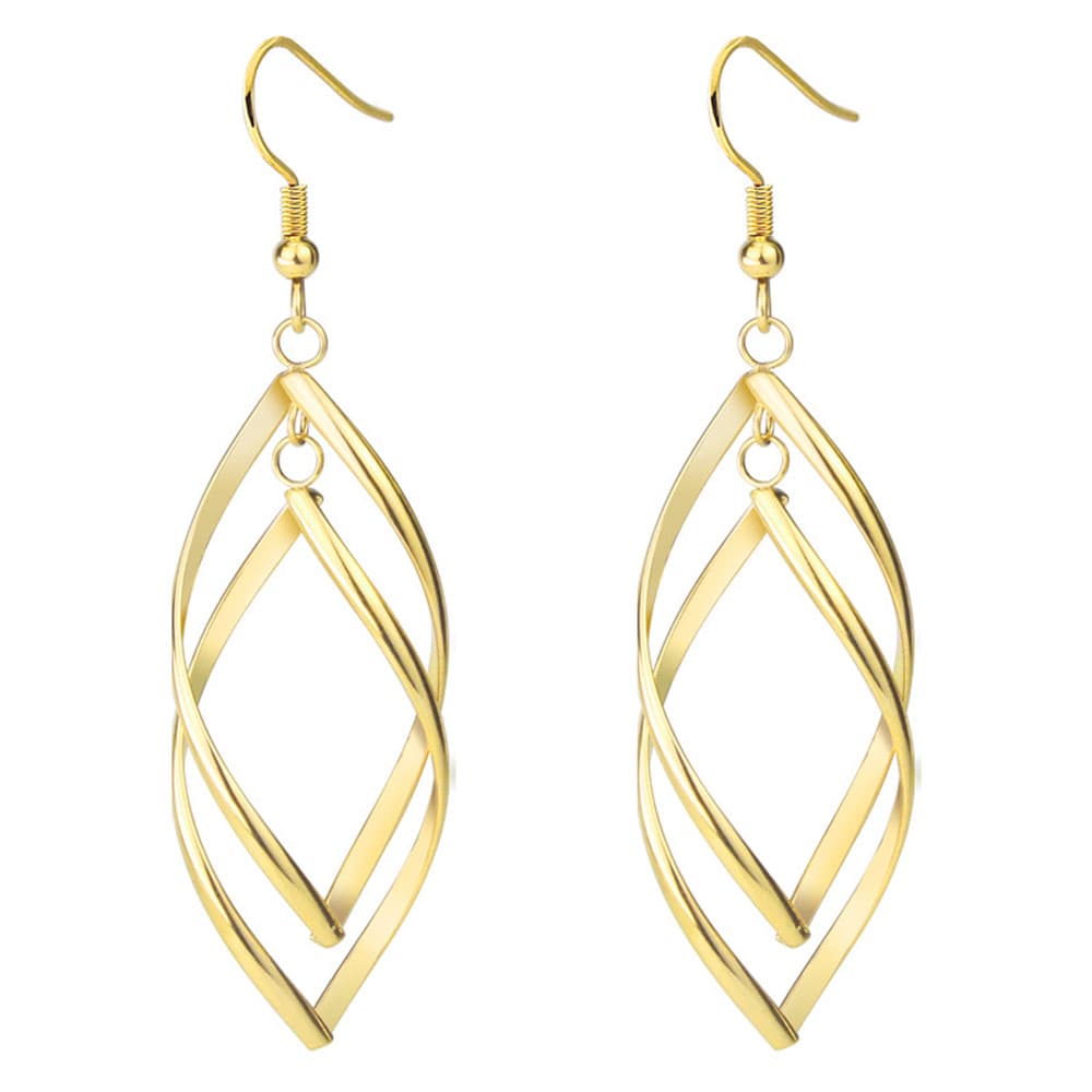 Luxurious gold plated stainless steel double open frame twisted marquise linear earrings hanging elegantly.