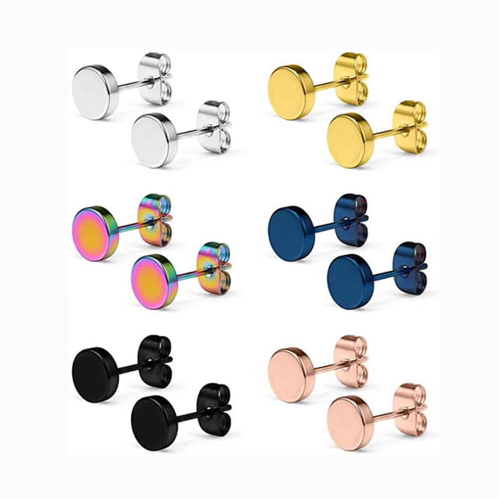 A collection grid of six pairs of round flat top disc stud earrings in silver, gold, rainbow multicolor, deep blue, matte black, and rose gold finishes.