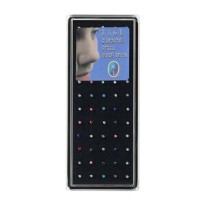 Bulk set of 60 pieces 316L surgical steel straight bone nose stud rings with multi-color round cubic zirconia gemstones in a display case.