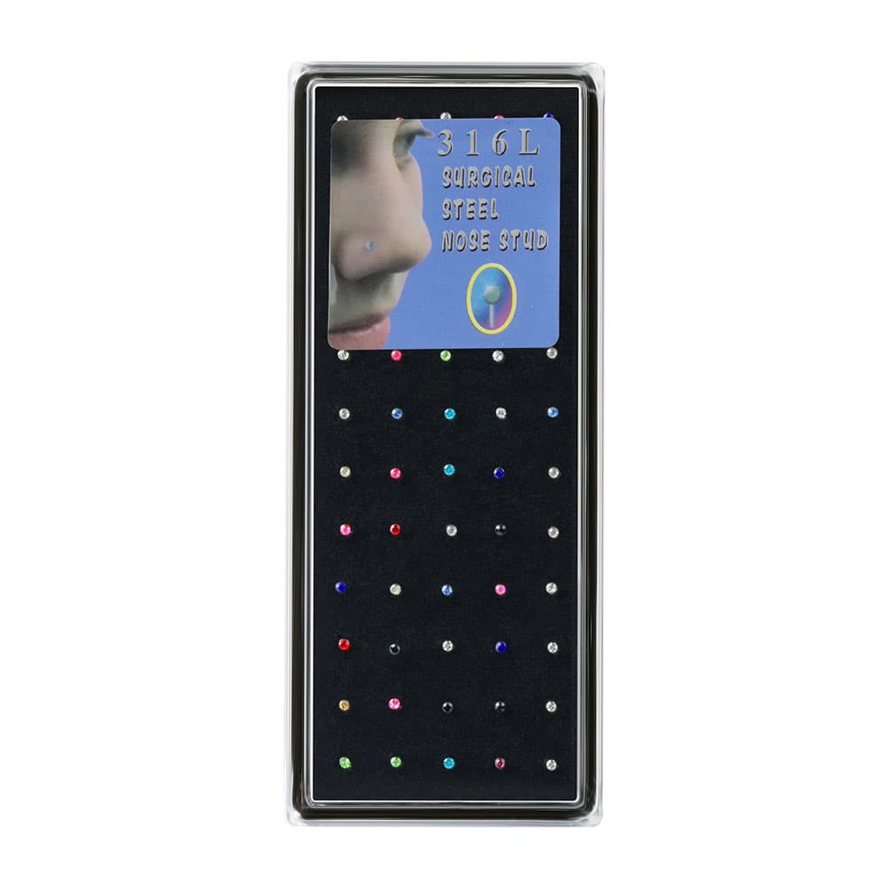 Bulk set of 60 pieces 316L surgical steel straight bone nose stud rings with multi-color round cubic zirconia gemstones in a display case.