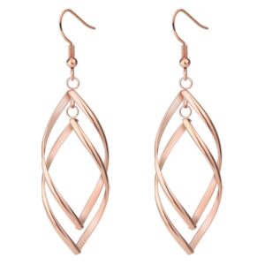 Pair of rose gold stainless steel rhombus twisted double linear dangle earrings with fishhook backings on a white background.