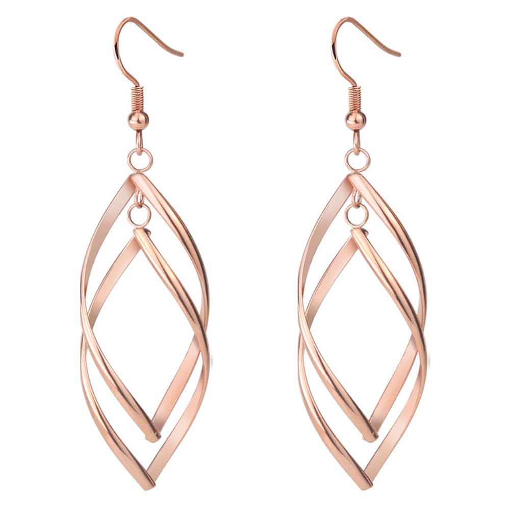 Pair of rose gold stainless steel rhombus twisted double linear dangle earrings with fishhook backings on a white background.