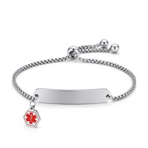 Silver stainless steel adjustable bolo medical ID bracelet with slider bead box chain and blank engravable plate featuring a red medical symbol charm.