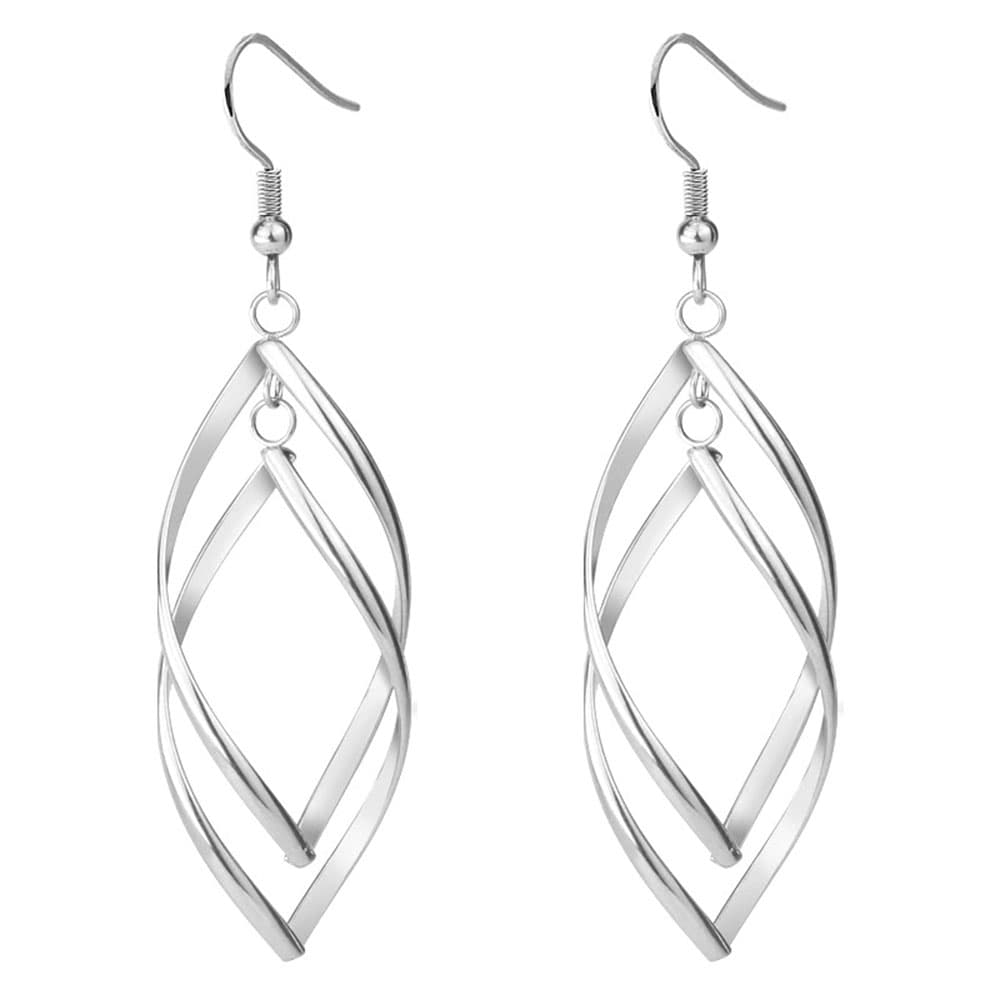 igh polished silver stainless steel geometric double layer linear drop earrings with comfortable fishhook wires.