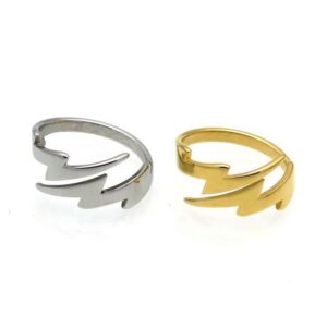 Silver and gold plated stainless steel bold lightning bolt rings displayed side by side on a bright white background.
