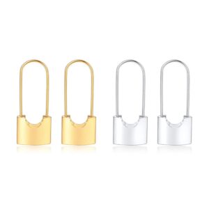 Gold and silver stainless steel lock drop earrings with elongated paperclip loops and padlock charms on a white background.