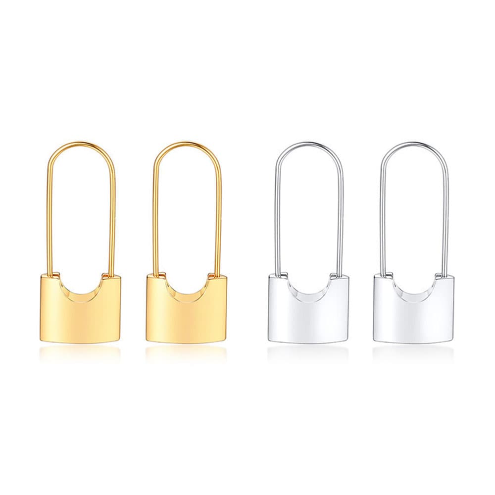 Gold and silver stainless steel lock drop earrings with elongated paperclip loops and padlock charms on a white background.