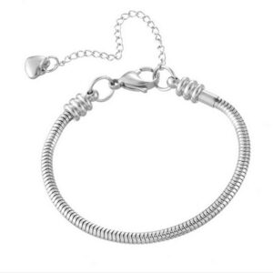 Silver stainless steel snake chain charm bracelet with lobster clasp extension and dangling love heart charm on a clean white backdrop.