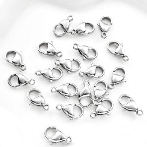 Bulk pack of polished silver stainless steel lobster clasps scattered on a white background, durable jewelry closures for DIY chain and necklace repair.