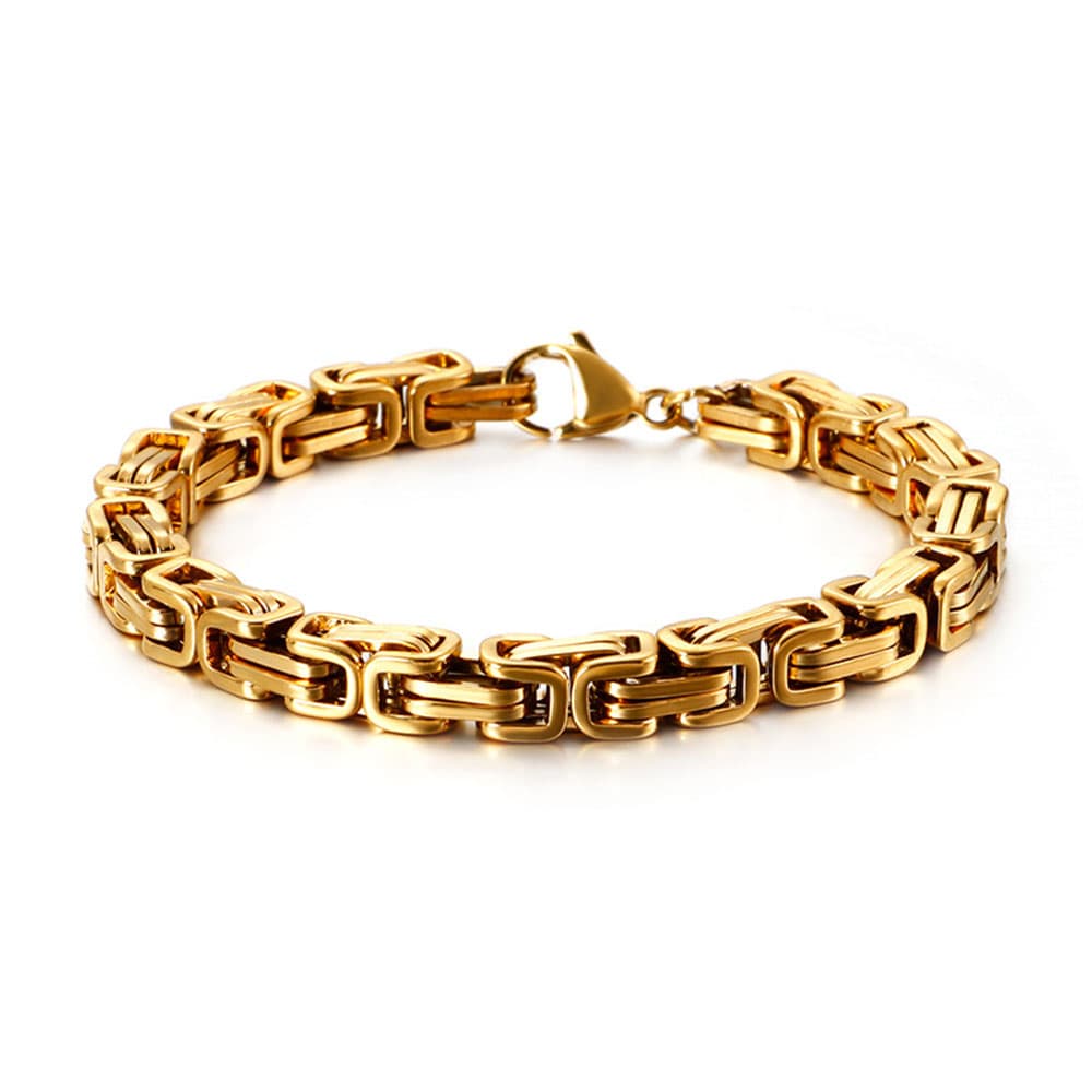 Heavy men's byzantine link chain bracelet with premium 18k yellow gold vacuum plating on a clean white background.