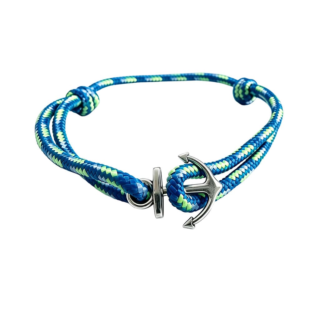 Adjustable blue and lime green nautical rope bracelet featuring a polished 316L stainless steel mini anchor hook clasp.