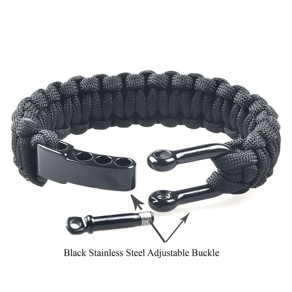 Disassembled view of a black stainless steel adjustable buckle on a paracord bracelet showing the threaded shackle pin mechanism.