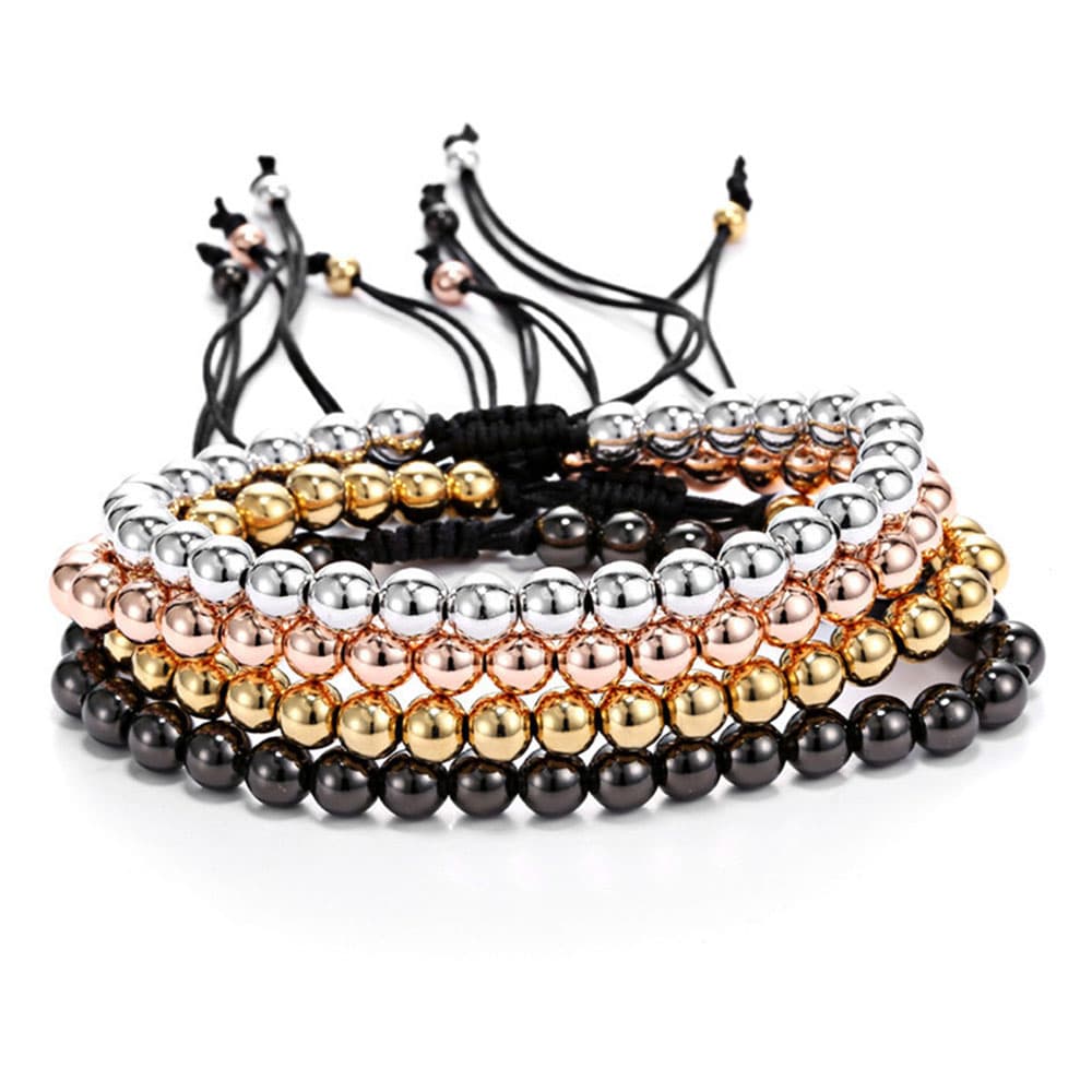 Stack of four adjustable stainless steel ball beads bracelets in high-polish silver, rose gold, yellow gold, and gunmetal black finishes with macrame pull cords.
