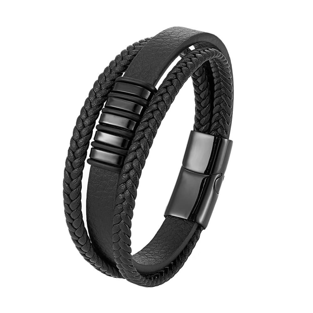 All-black men's triple-layer braided genuine leather bracelet with black PVD-coated engravable steel beads and matching black magnetic clasp.