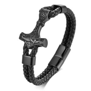 Men's all-black Viking Thor's Hammer Mjolnir bracelet featuring black braided genuine leather and a black PVD stainless steel magnetic clasp.