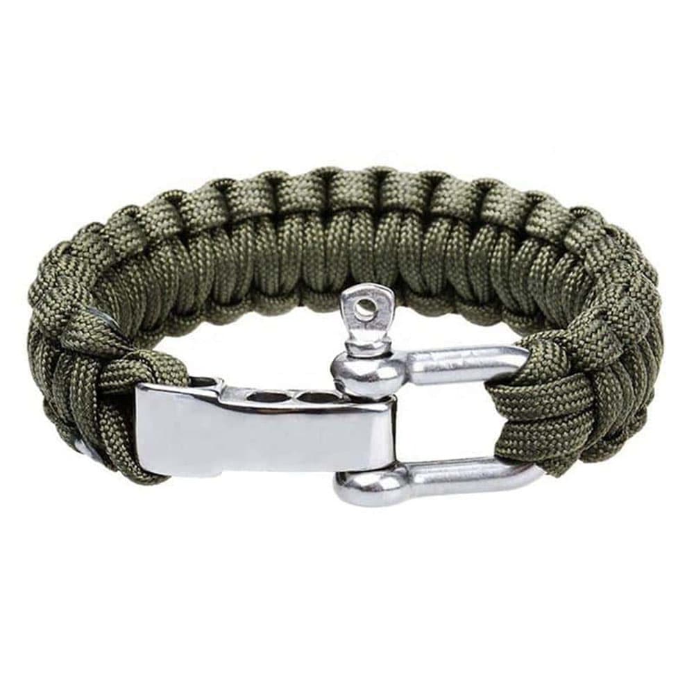 Army green olive drab military paracord survival bracelet paired with a silver-tone adjustable stainless steel D shackle clasp.