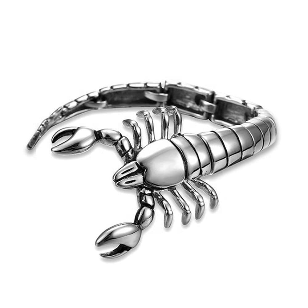 Men's retro silver-plated 316L stainless steel articulated scorpion link bracelet with a secure hidden clasp.