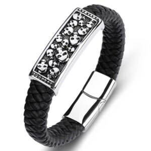 Personalized black braided genuine leather bracelet with a detailed stainless steel multi-skull ID plate and a polished magnetic clasp.