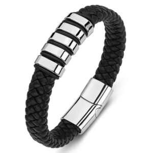 Unisex minimalist black braided genuine leather bracelet with four polished silver-tone stainless steel slider beads and a secure magnetic clasp.